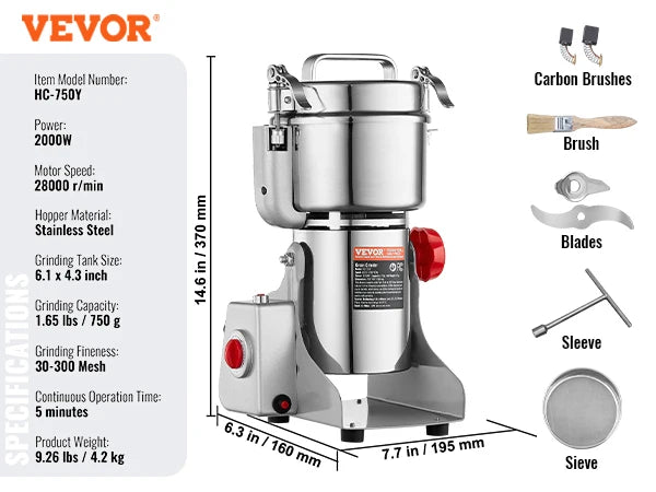 VEVOR 150-2500g Electric Grain Mill Grinder Commercial Swing Spice Grinders for Dry Herbs Grains Spices Cereals Coffee Corn