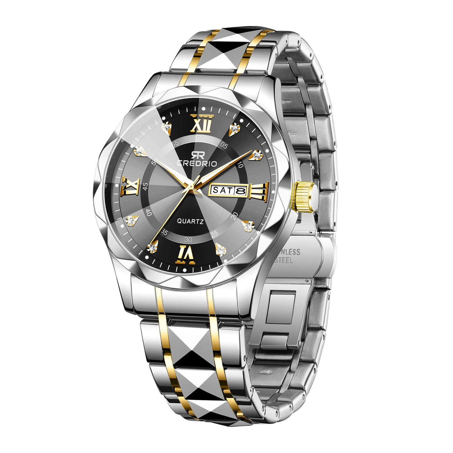 CREDRIO Men's Watches    Men's Rhinestone Luxury Luminous Waterproof Dual Calendar Week Quartz Movement Fashion Business Watch