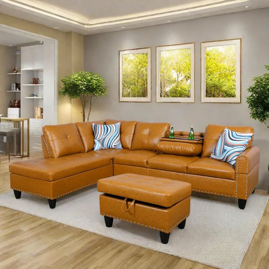 L Shaped Sectional Sofa with Ottoman,Nail-Head Design Leather Right Facing Couches with Cup Holder for Living Room,Office,Ginger