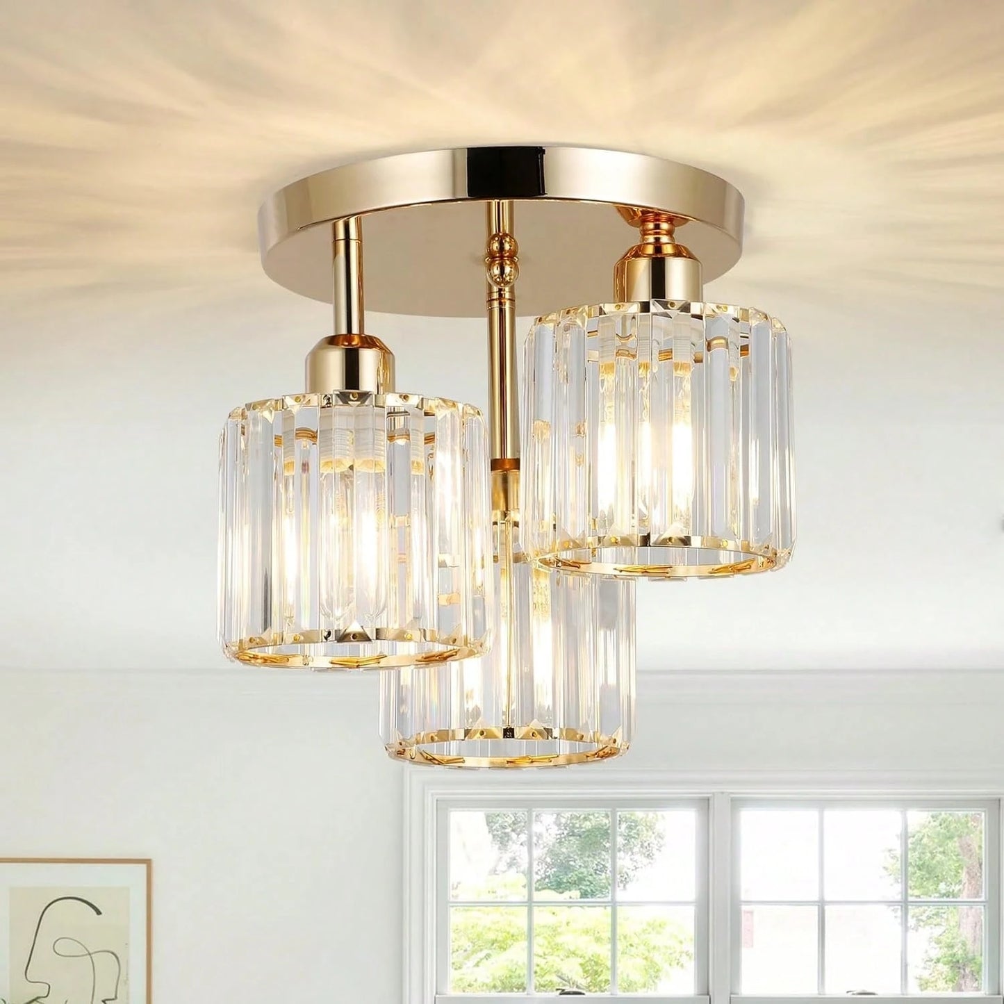 3-Light Modern Semi-Flush Mount Ceiling Light, Gold Crystal Glass Close To Ceiling Lighting Fixture For Kitchen Hallway Bedroom