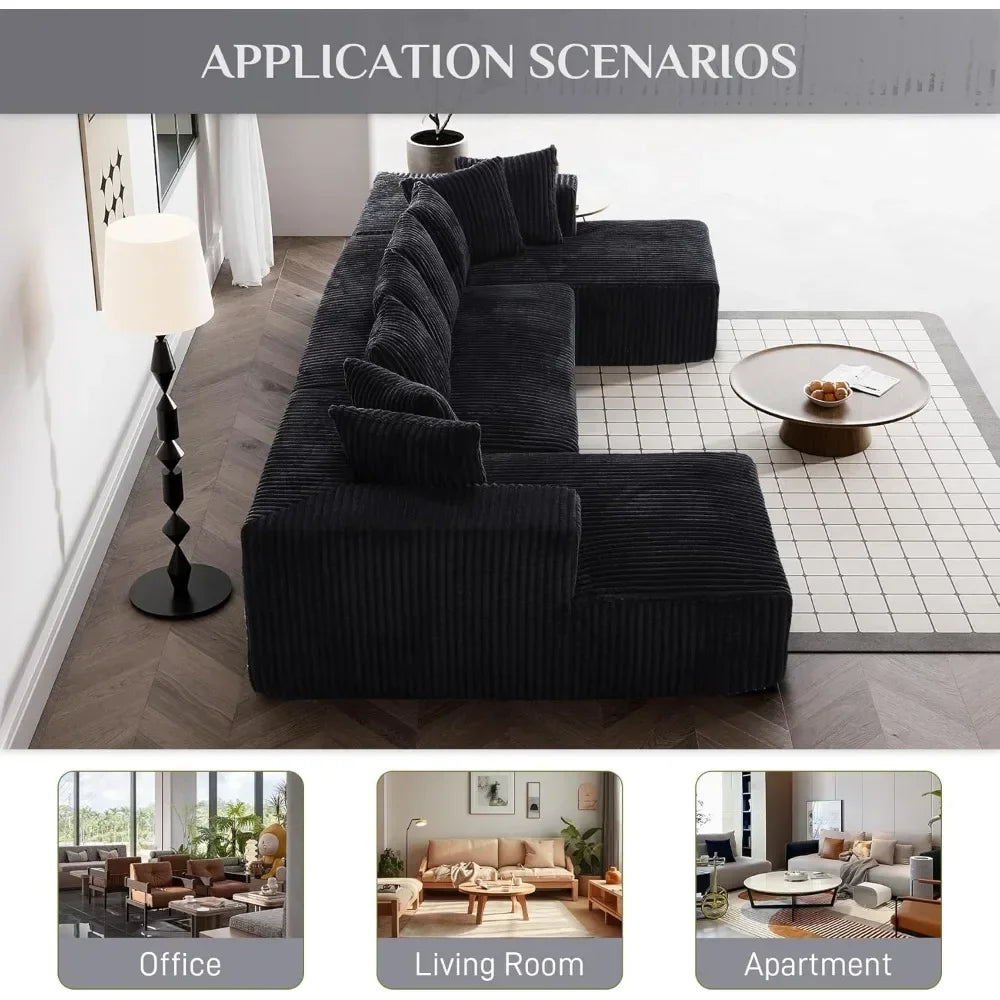 131" Modular Sectional Couch, Luxury Black Sectional Couches for Living Room, Comfy Corduroy Couch Sectional Sofa