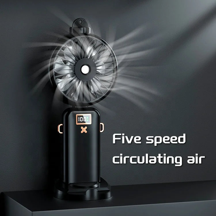 New Mini Hanging Neck Small Fan Spray Mist Cooler Fan Humidifying Foldable Handheld Digital Display Fan With Phone Holder