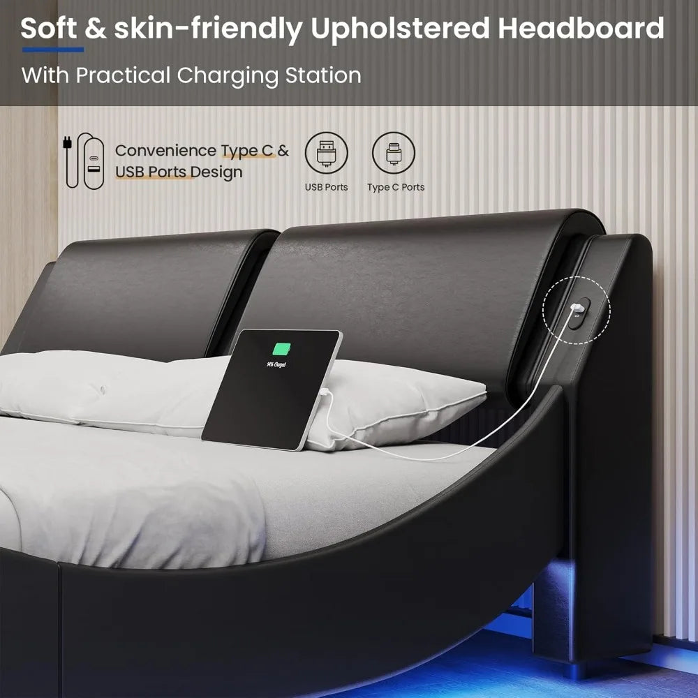 California King Bed Frame with Headboard and Led Lights, Led Bed Frame with USB,No Box Spring Needed,Bed Frame