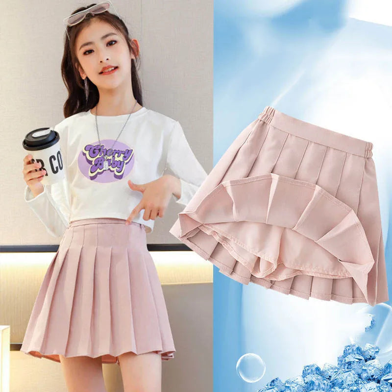 Children Kids Girls Skirts Summer New Infant Babys Girls Preppy Pleated Skirts Solid Trendy 4-14Y Junior Girls Ruched Cullottes