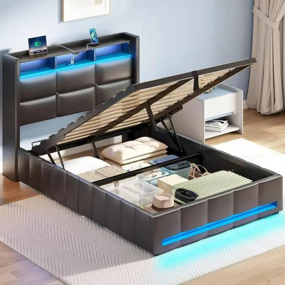 bed. Bed Frame Twin Size with Lift Up Storage, Charging Station & LED Lights, Upholstered Storage Headboard, Heavy Duty Wooden