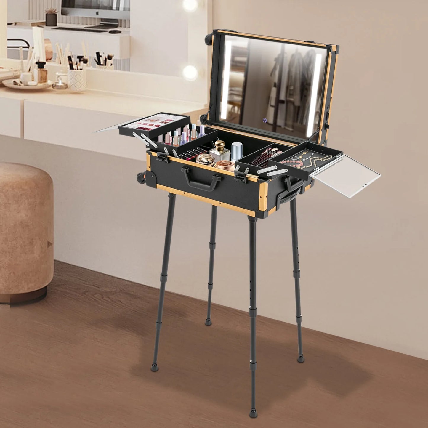 Rolling Makeup Train Case Professional Trolley Makeup Organizer Professional Cosmetology Case On Wheels Portable Makeup Station