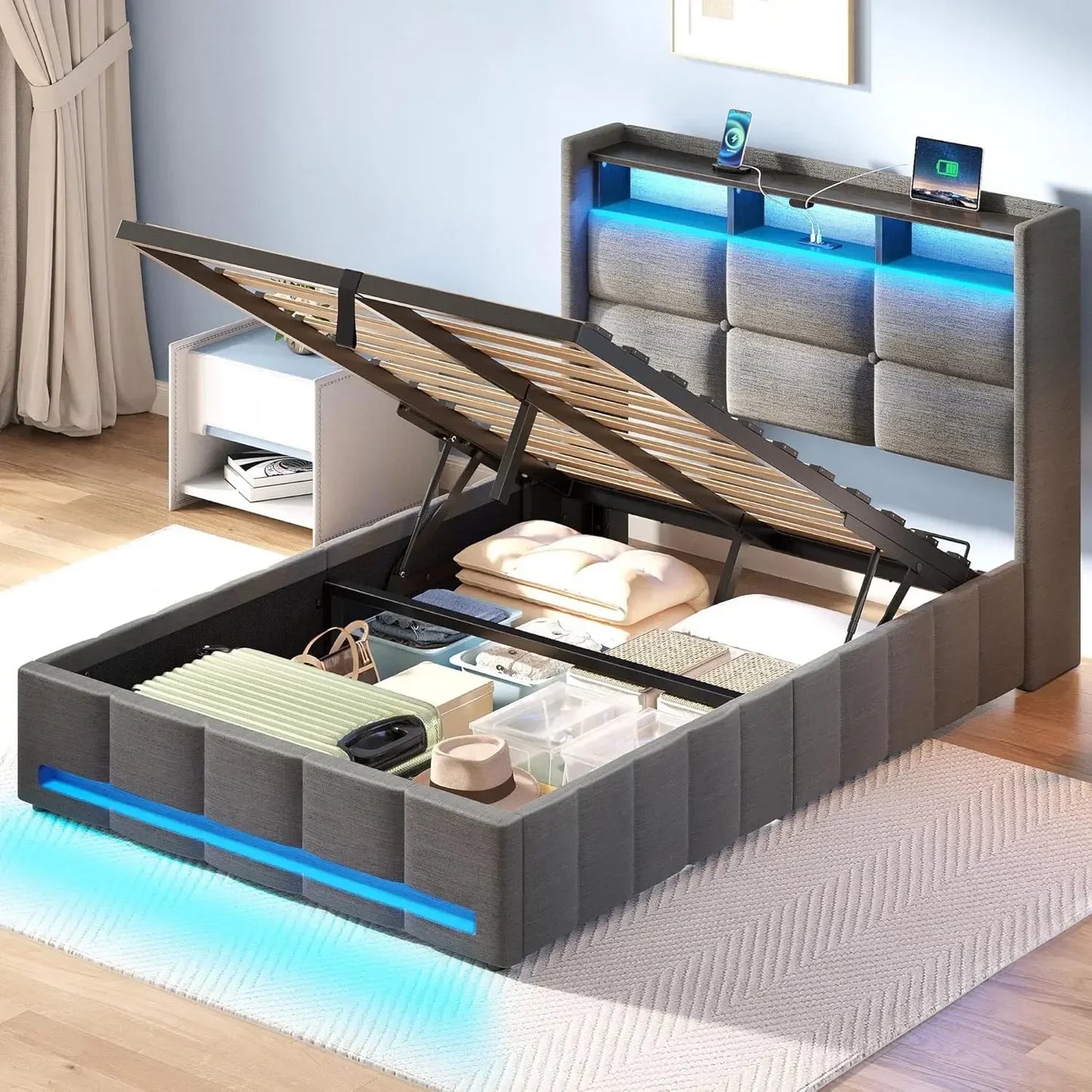 bed. Bed Frame Twin Size with Lift Up Storage, Charging Station & LED Lights, Upholstered Storage Headboard, Heavy Duty Wooden