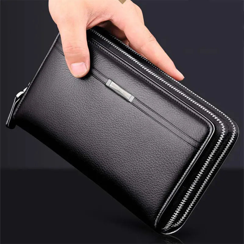 Men's Long PU Leather Clutch Wallet Large Capacity Business Double Zipper Card Holder Cellphone Handbag For Organized