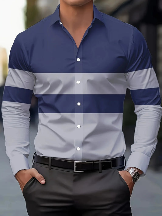 Men's Color Blocked Lapel Collar Design Dress Shirts, Long Sleeve Casual Button Up Shirt For Formal Occasions simple design