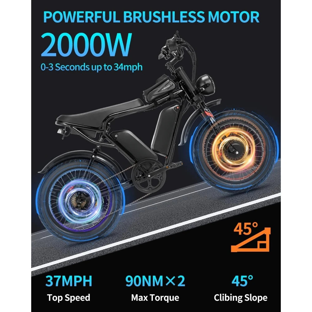 Electric Bike,1000/2000W, 25/30/37MPH,48V-52V, 20AH,40AH Battery, Max 50-180 Miles Electric Motorcycle, 20" Fat Tire Dirt Bike
