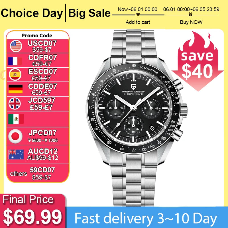 PAGANI DESIGN 2025 New Men's Watches Top Luxury Quartz Watch For Men Auto Date Speed Chronograph AR Sapphire Mirror Wrist watch