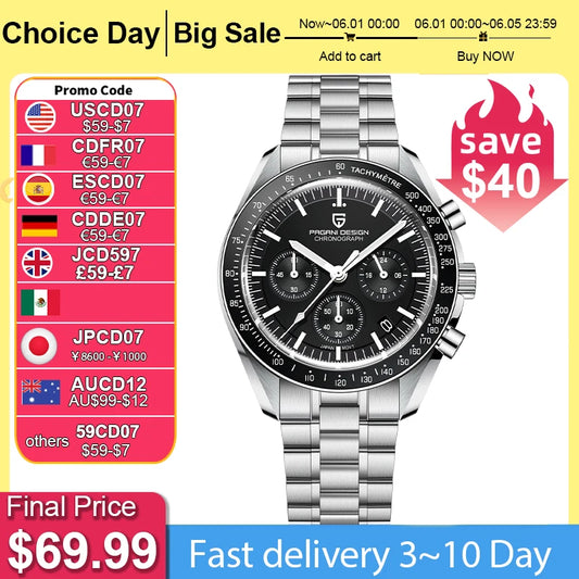 PAGANI DESIGN 2025 New Men's Watches Top Luxury Quartz Watch For Men Auto Date Speed Chronograph AR Sapphire Mirror Wrist watch