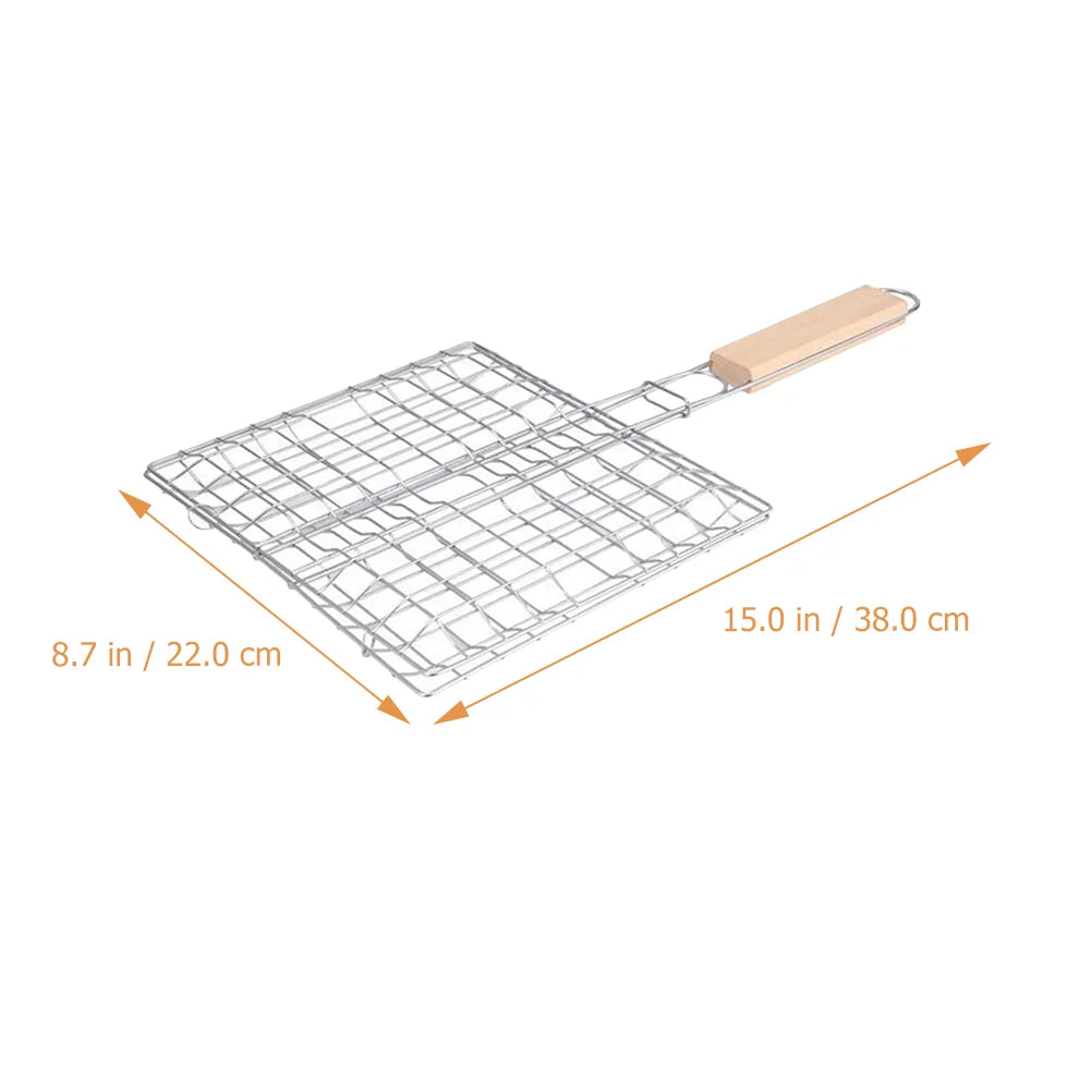 Portable Stainless Steel Grill Rack Outdoor Barbecue Fish Grilling Basket Wooden Handle Bbq Tool Camping Picnic Kitchen