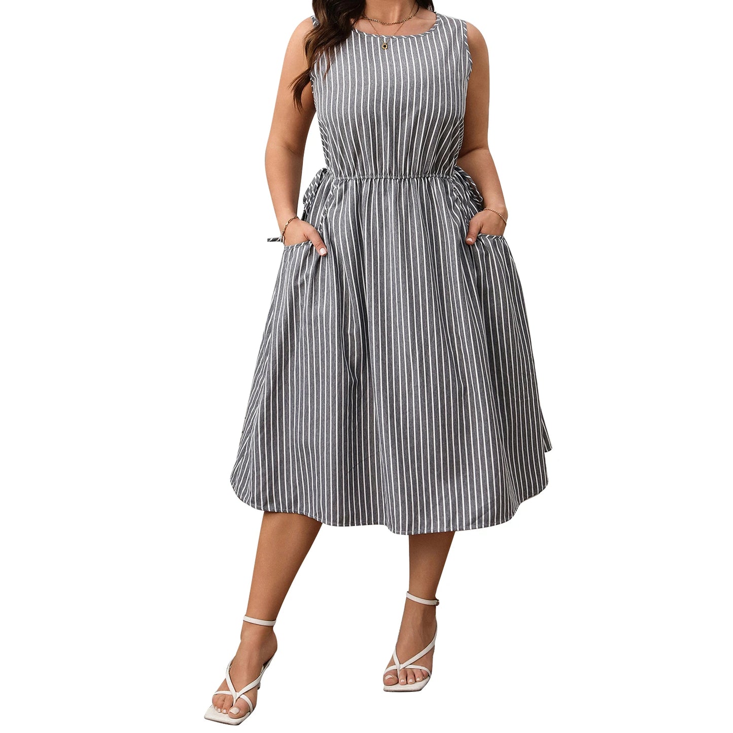Women Plus Size Sleeveless Dress Summer Casual Floral Print A-Line Party Dress with Belt for Beach Club Streetwear and Vacation