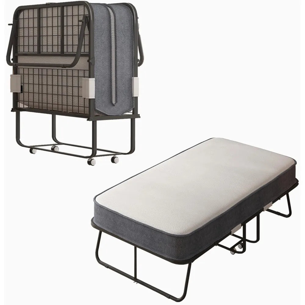 Folding Bed with 5" Foam Mattress, 75" x 31" Rollaway Bed,Cot Size Space-Saving Guest Bed with Headboard,with Sturdy Metal Frame