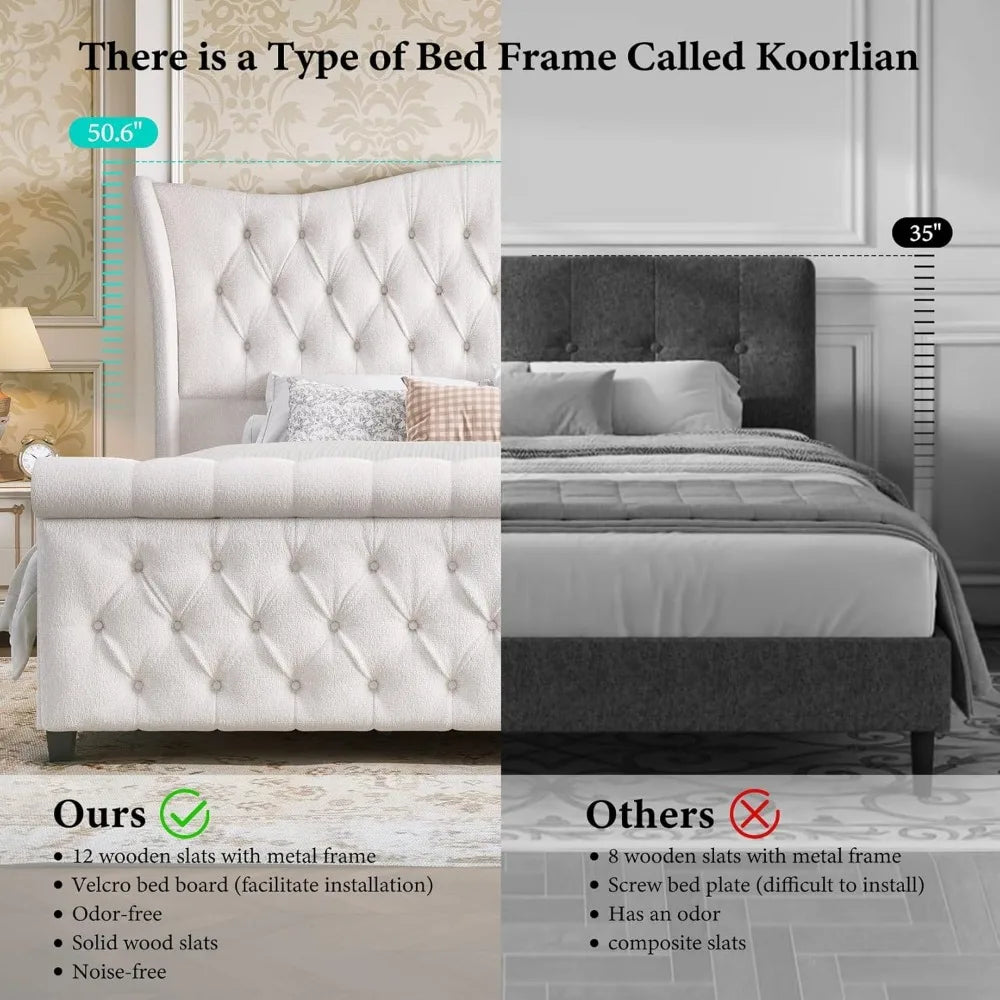 Bed Frame Chenille Upholstered Platform Sleigh Bed with 51" Scroll Wingback Tall Headboard & Footboard/Deep Button