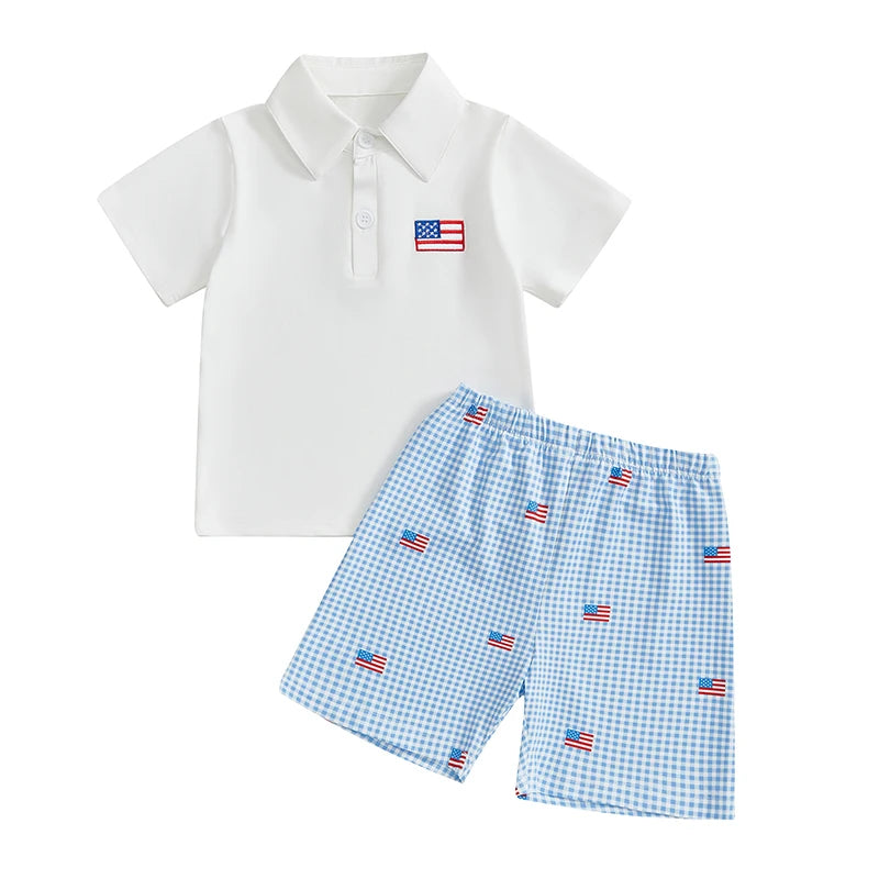 Toddler Boy Independence Day Clothing Set Short Sleeve Lapel Shirt Plaid Shorts Outfit 4th of July Baby Clothes