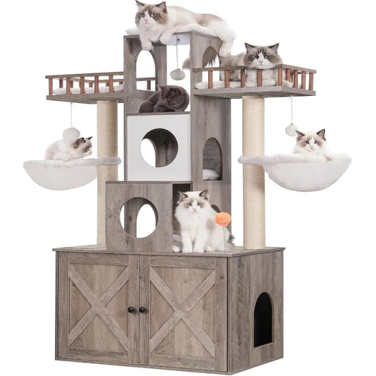 Cat Tree with Litter Box Enclosure for Indoor Big Cat Tower for Large Cats HeavyDuty Modern Cat Condo Furniture Scratching Posts