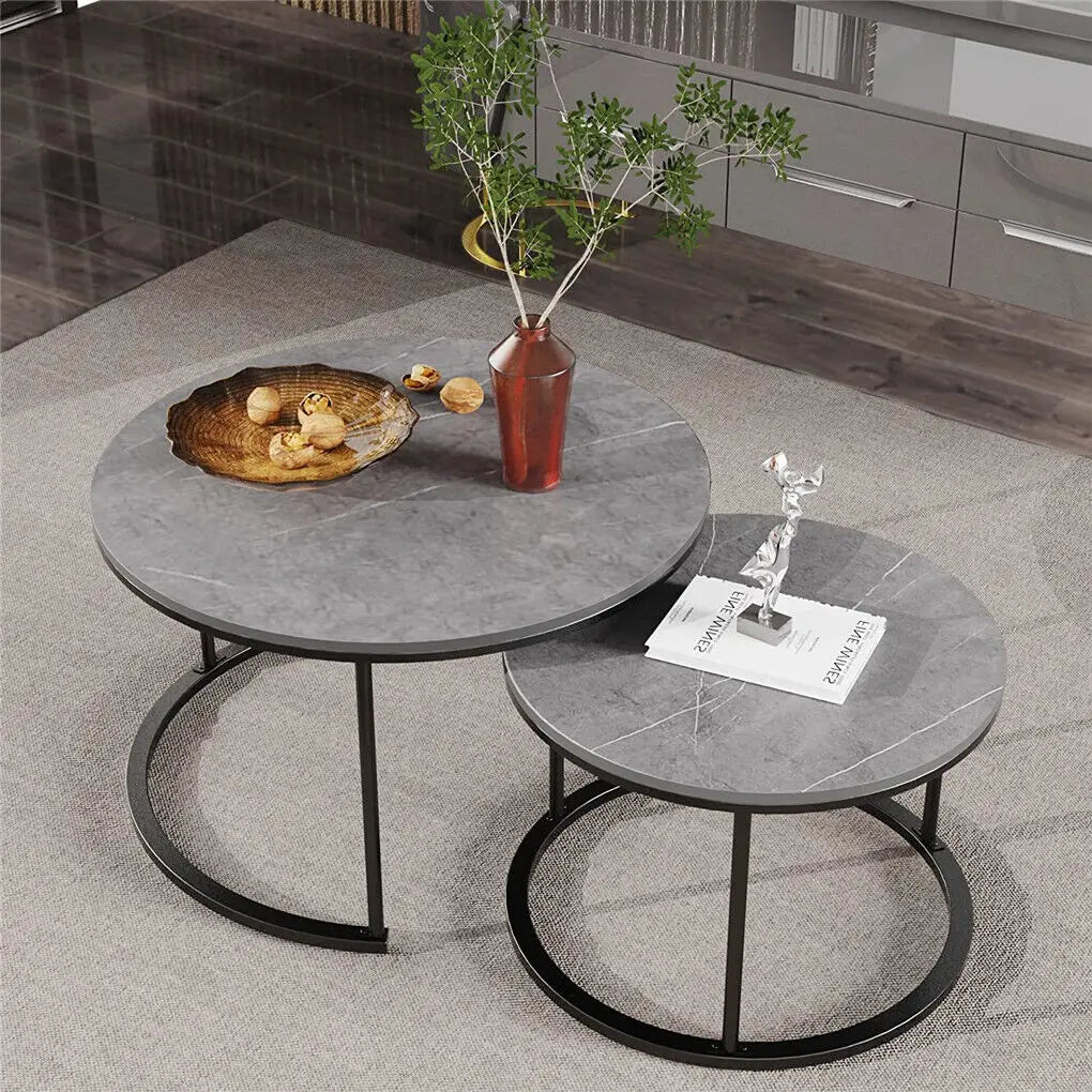 LUVODI Set of 2 Round Nesting Coffee Table Sintered Stone Stacking Marble Side End Table Accent Table for Living Room Apartment