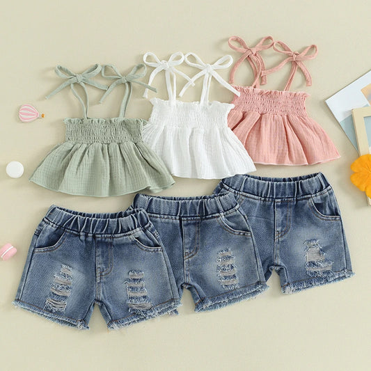 Pudcoco Kids Baby Girls Shorts Set, Tie-up Pleated Camisole with Ripped Denim Shorts Summer 2-piece Outfit 1-5T