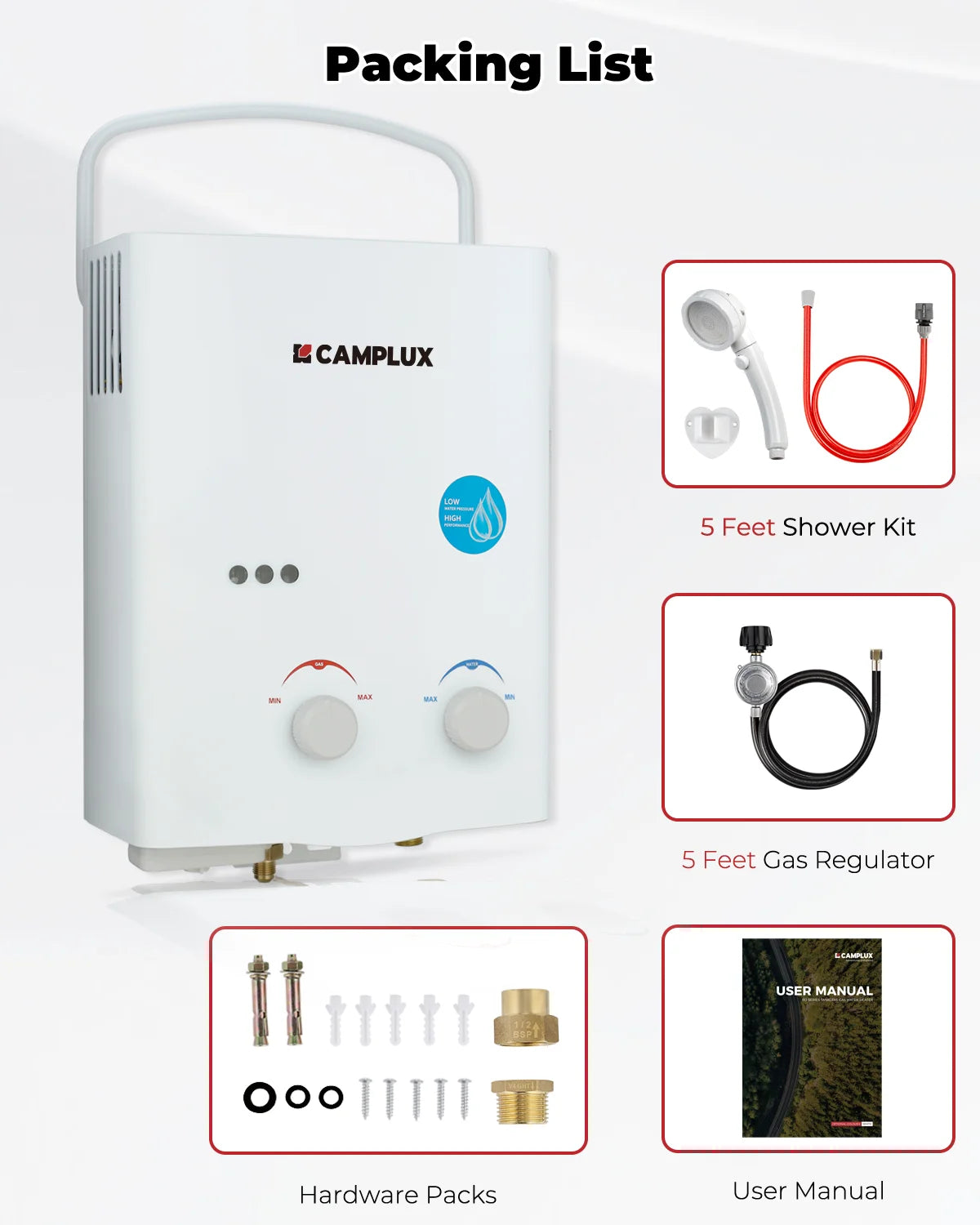 CAMPLUX Tankless Water Heater Outdoor 1.32 GPM Portable Propane Camping Water Heater 5L AY132 White