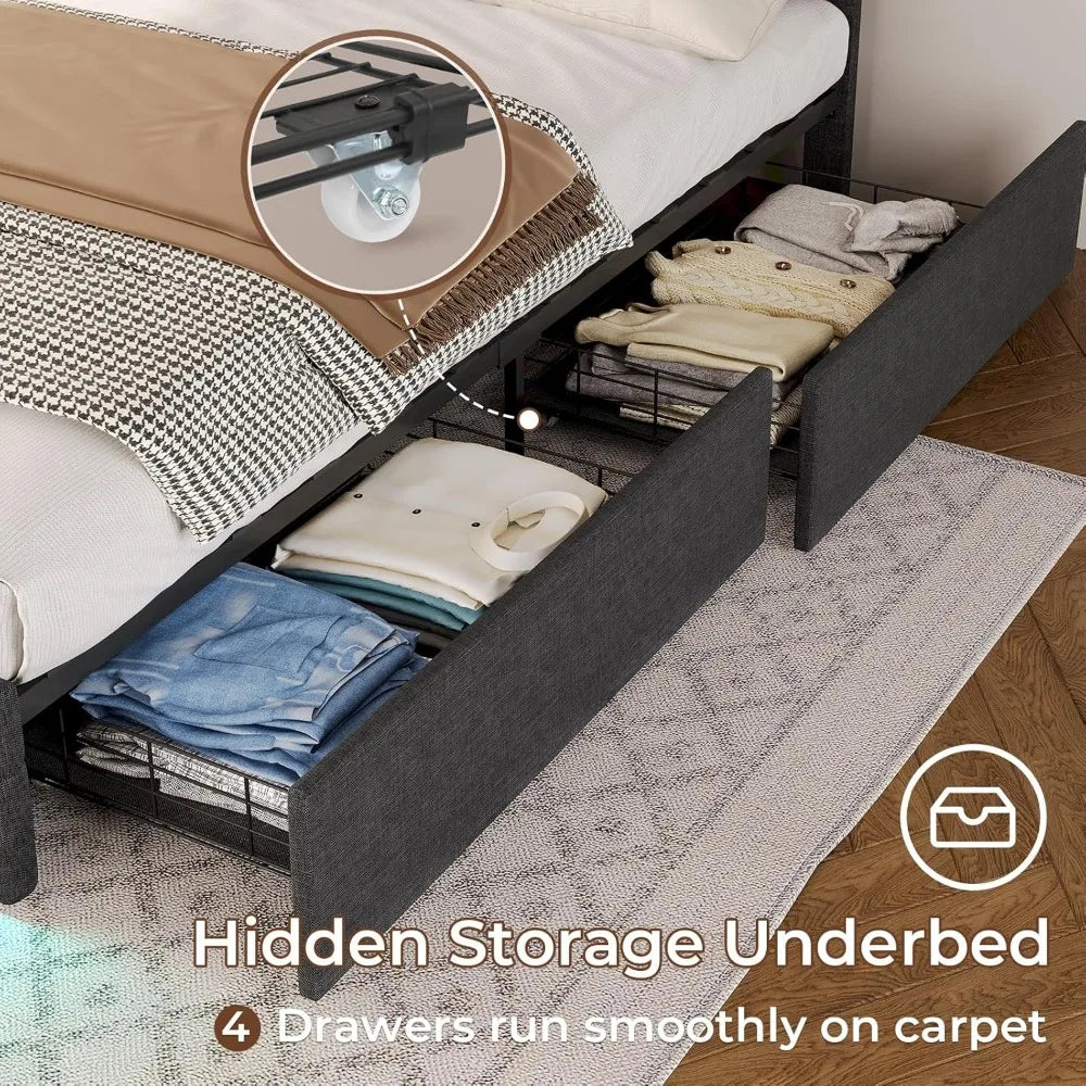 LED Full Size Bed Frame, LED Lights Headboard Footboard, Square Stitched Button Tufted Design, Upholstered Platform Bed Frame