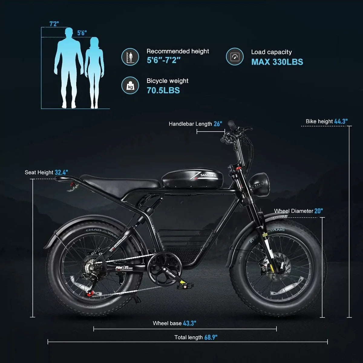 SAMEBIKE M20 Electric Mountain Bike 20" 48V16AH Battery 1200W Motor 45km/h Motorcycle Style 4.0 Fat tyre E-bike Moped