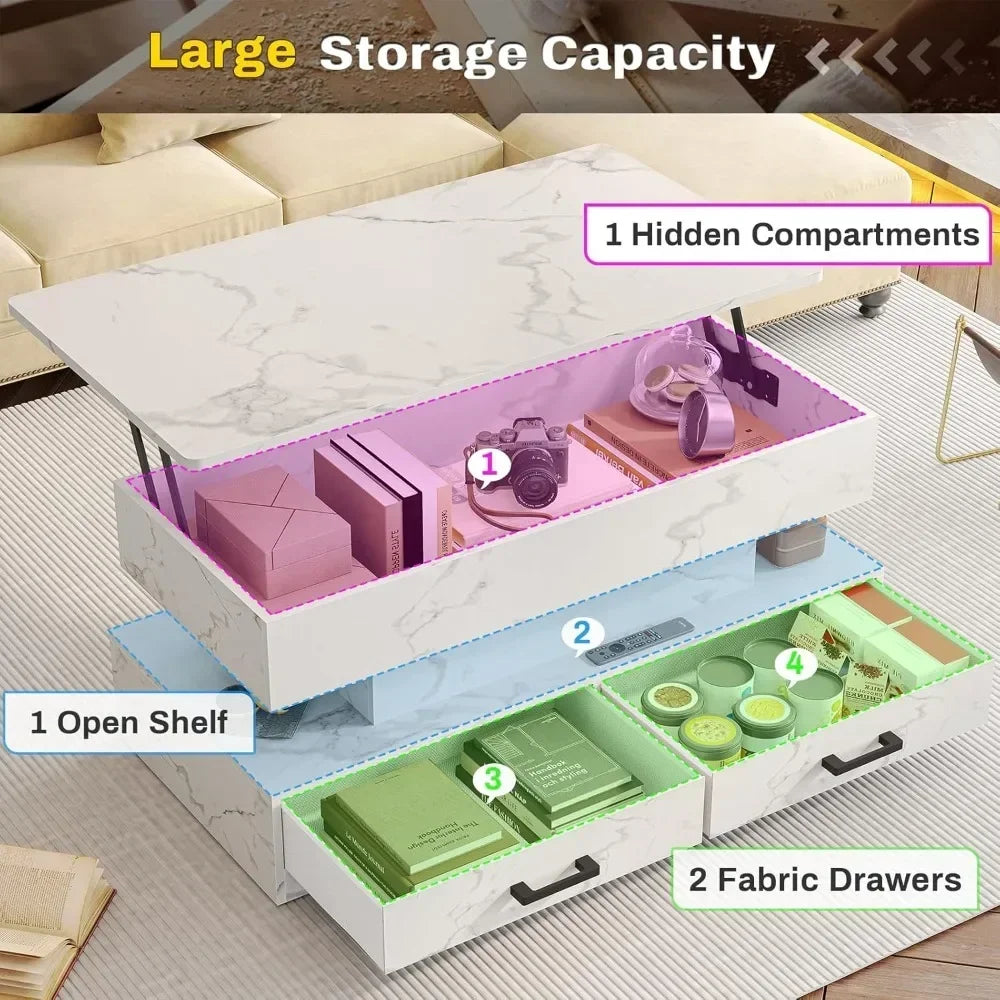 40" Lift Top Coffee Table, Coffee Tables with Storage for Living Room, Small Coffee Table with 2 Fabric Drawers & LED Lig