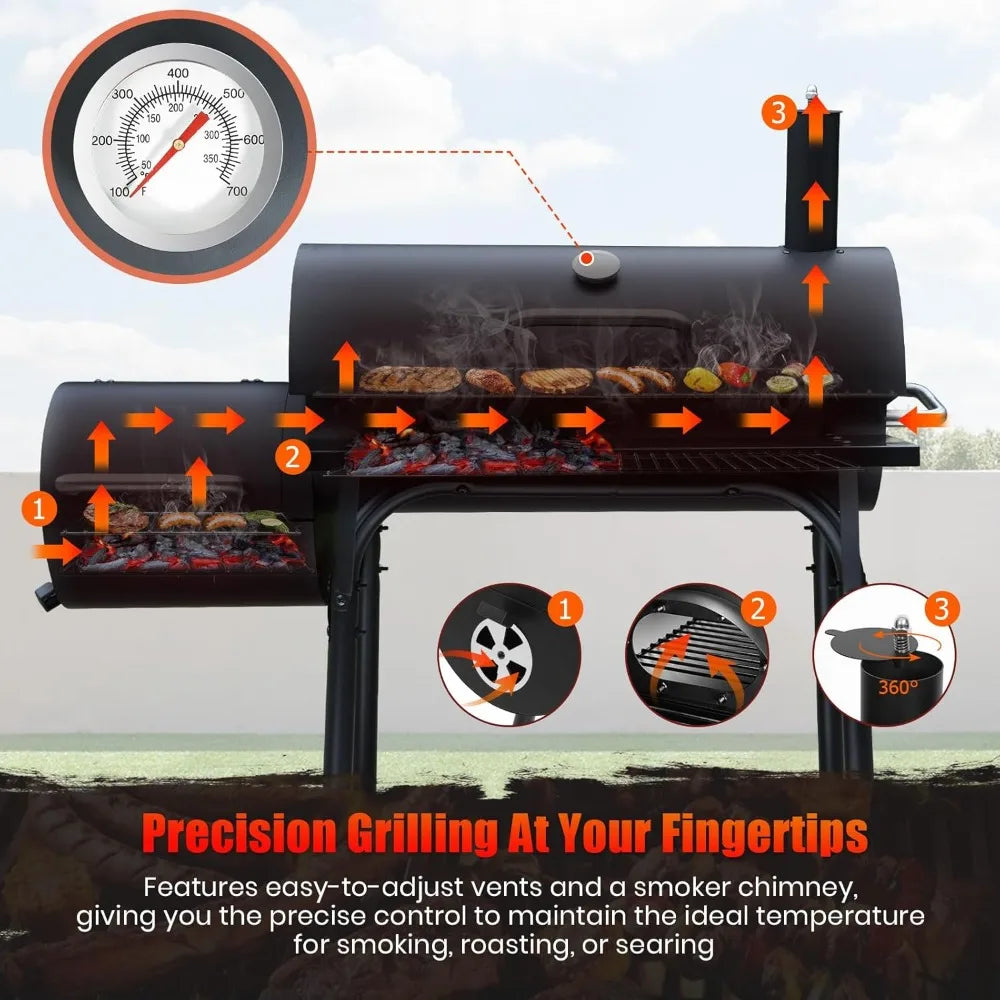 Charcoal BBQ Grill With Offset Smoker: Large Oil Drum Barbecue Barrel Grill For Outdoor Garden