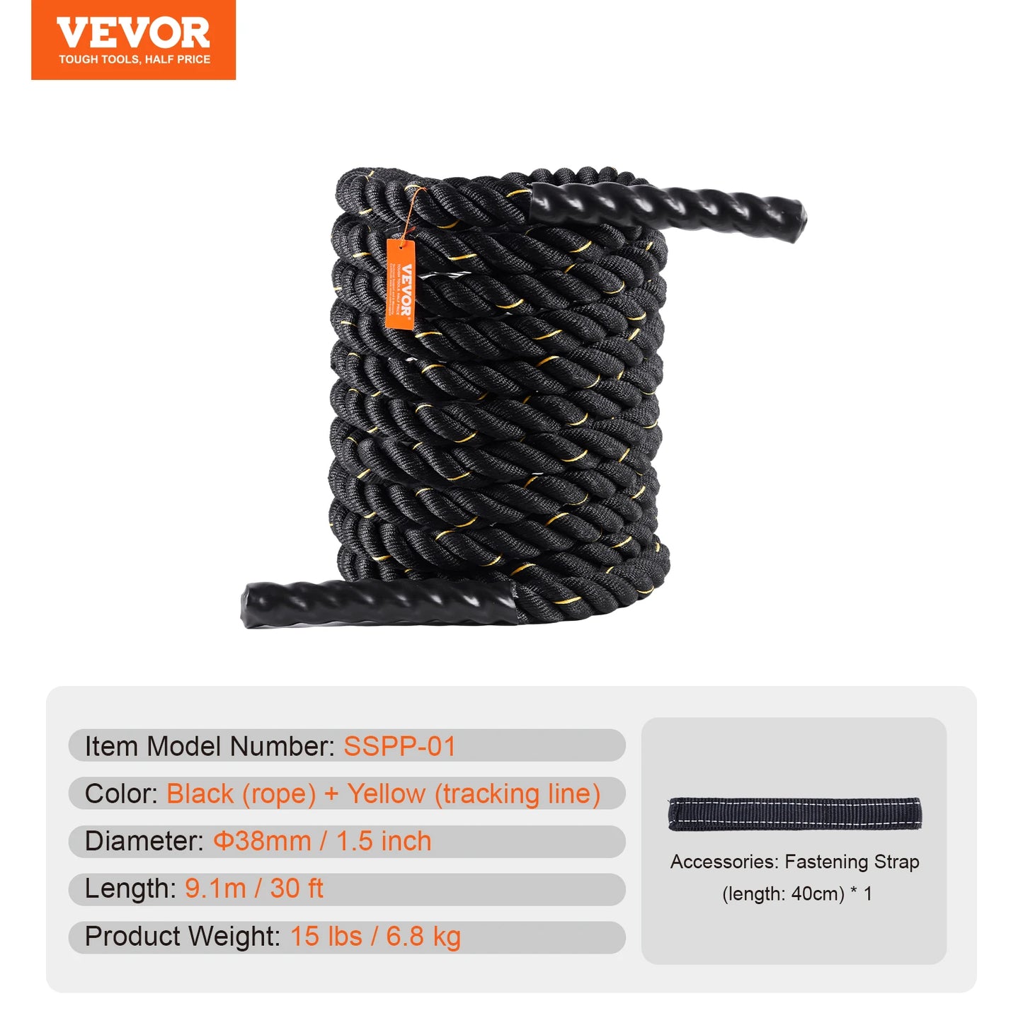 VEVOR Battle Rope  1.5 Inch Diameter 30Ft Length  for Home Gym  Body Workout Core Strength Training Muscle Building Fitness
