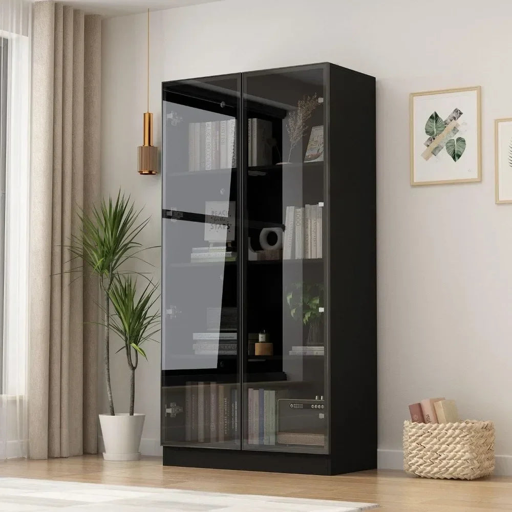 Display Cabinet with Glass Doors and Lights, 4-Tier Storage Shelves, Display Case Cabinet Black
