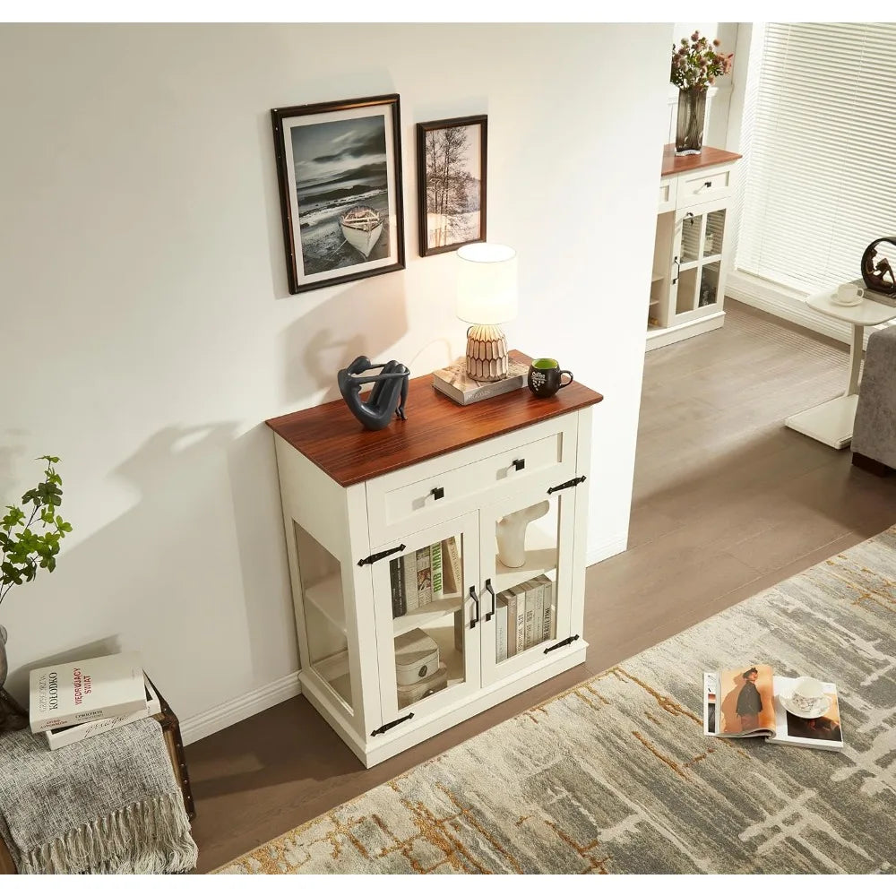 Small Buffet Cabinet with Glass Doors,Wood Coffee bar with Adjustable Shelf,Liquor Cabinet,for Living Room and Dining Room
