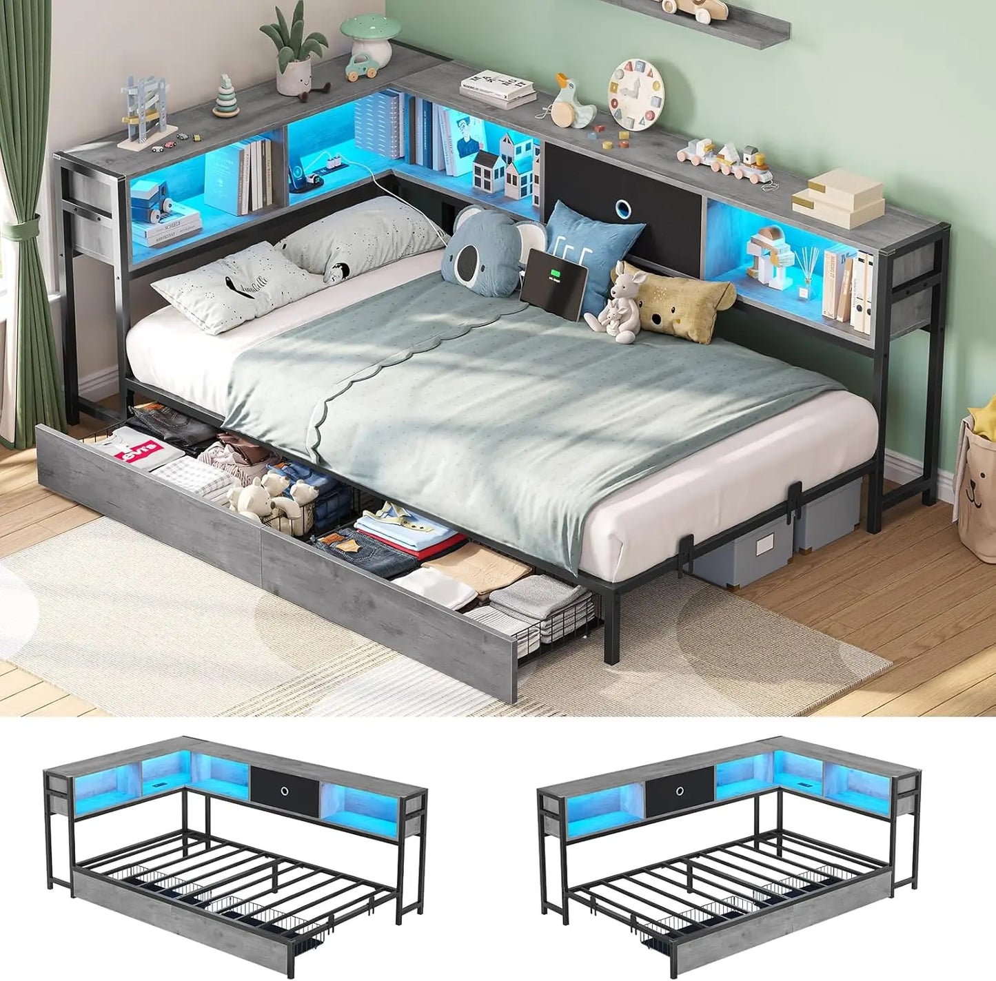 Corner Bed Frame with Storage Bookcase, Twin Daybed with Storage Drawers Underneath, Kids Bed Unit with Charging Station