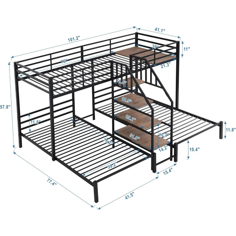 Harper & Bright Designs Metal Triple Bunk Bed with Stairs, 3 Beds Bunk Bed & Twin Over Twin Bunk Bed with Storage Shelves Stairc