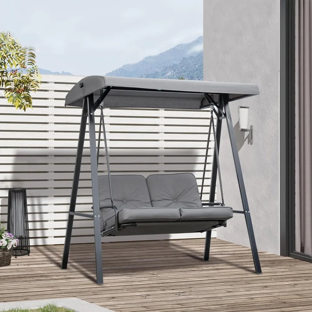 2 Seater Garden Swing Chair with Adjustable Tilting Canopy, Outdoor Hammock Bench with Steel Frame for Patio