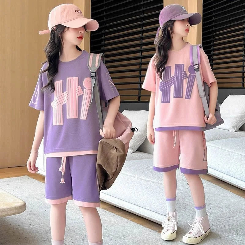 Summer Girls T-Shirts Sets Outfit New Kids Short Sleeve Tops+Shorts 2Pcs Children Clothes Teen Loose Casual Suits Sporty Outfits