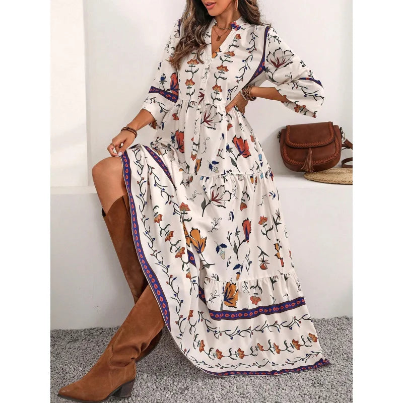 Boho Floral V Neck Dress - Women's 3/4 Sleeve Polyester Maxi Dress Casual Beach Cover Up Summer Vacation Outfit