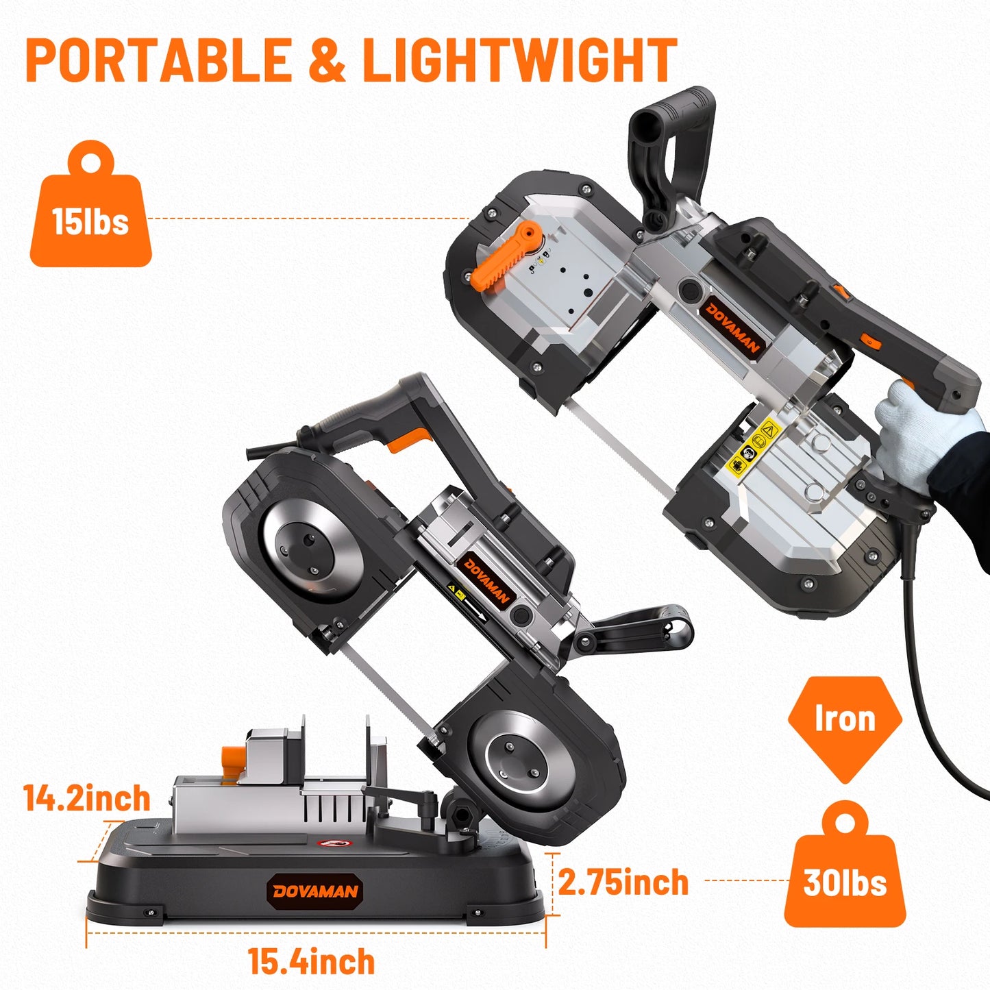 DOVAMAN Portable Band Saw, 10A Corded Handheld, 5" Cut Capacity, 6-Speed, 0°–45° Adjustable, Wood & Metal, 2 Blades