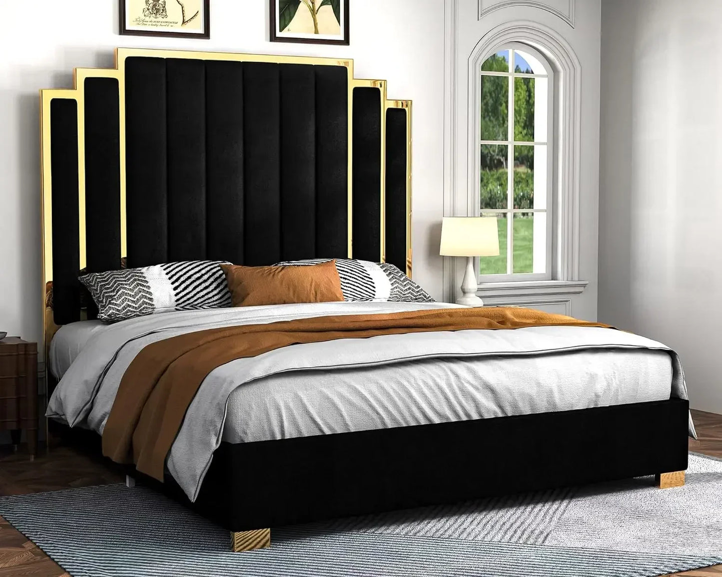 King Size Platform Bed Frame, 65" Velvet Upholstered Bed with Gold Trim Headboard/Wooden Slats/No Box Spring Needed/Green