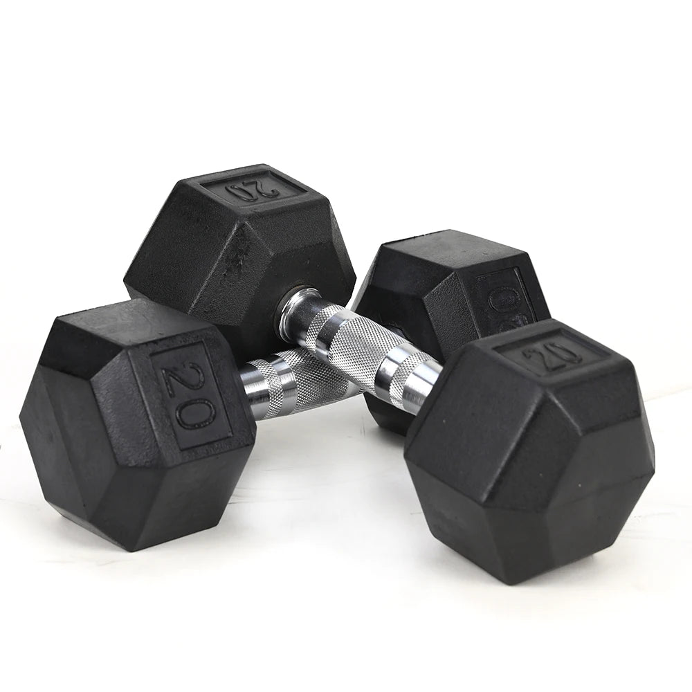2pcs 20LB Coated Solid Cast Iron Dumbbell with Contoured Chrome Handle, Hexagon Head, for Commercial and Home Use