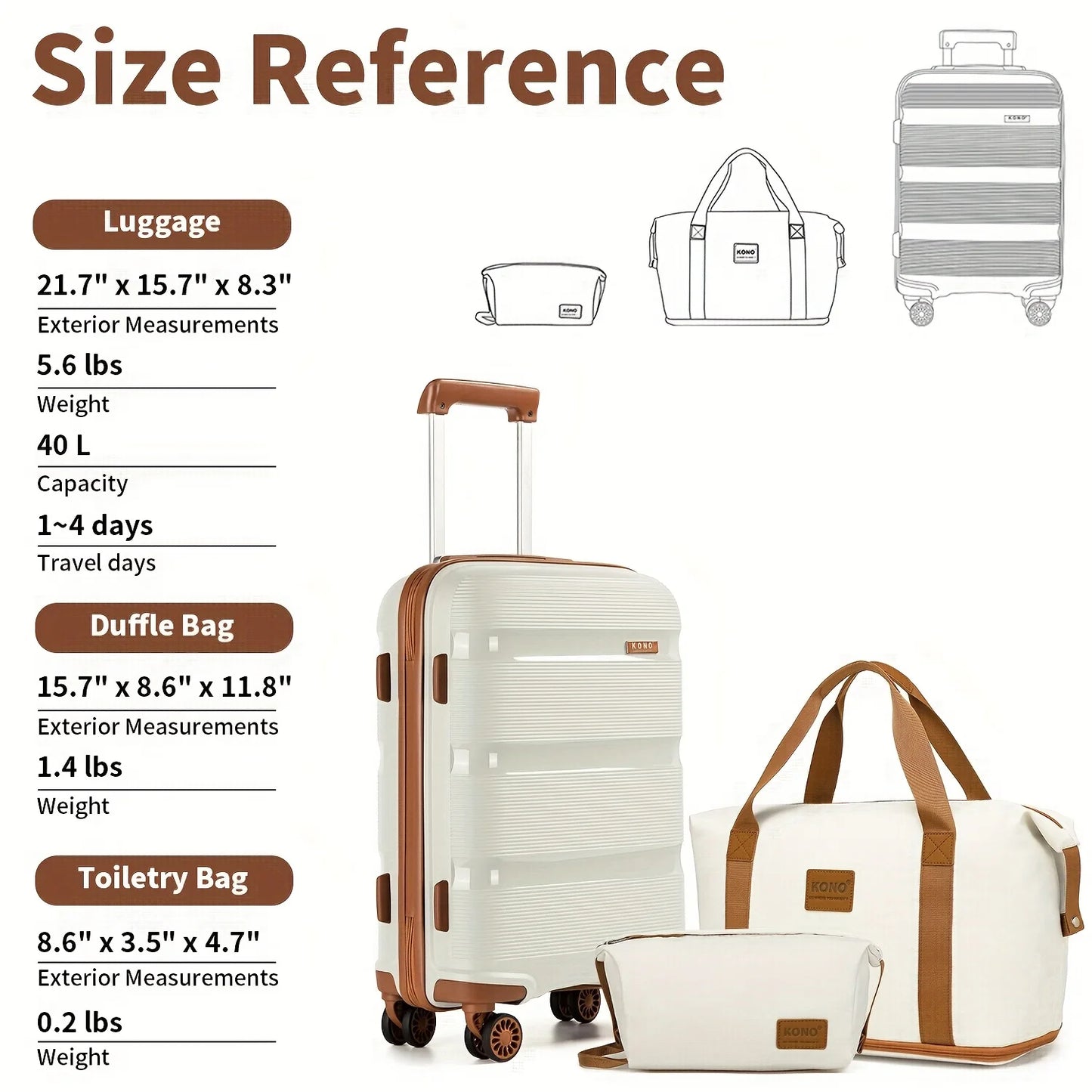 Kono 3-Piece Lightweight Hard Shell Suitcase Set with Travel & Toiletry Bags, Cabin Carry-On Trolley Luggage