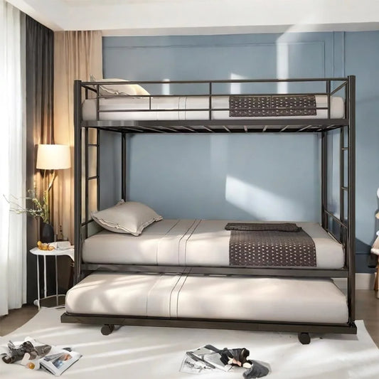 Twin Over Twin Bunk Bed Frame with Trundle,Metal Bunk Bed Bedframe with Guard Rail and 2 Ladders for Adults,Can be Divided into
