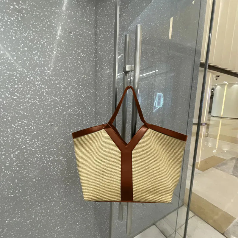 Brand Luxury Designer New Y-shaped Straw Tote Bag Large Capacity Shopping Bag Beach Bag Shoulder Underarm Bag Woven Women's Bag