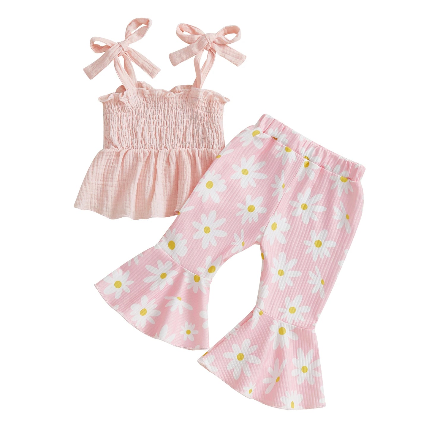 Kids Girls 2 Piece Outfits Tie up Strap Smocked Camisole and Elastic Daisy Print Flared Pants Summer Clothes