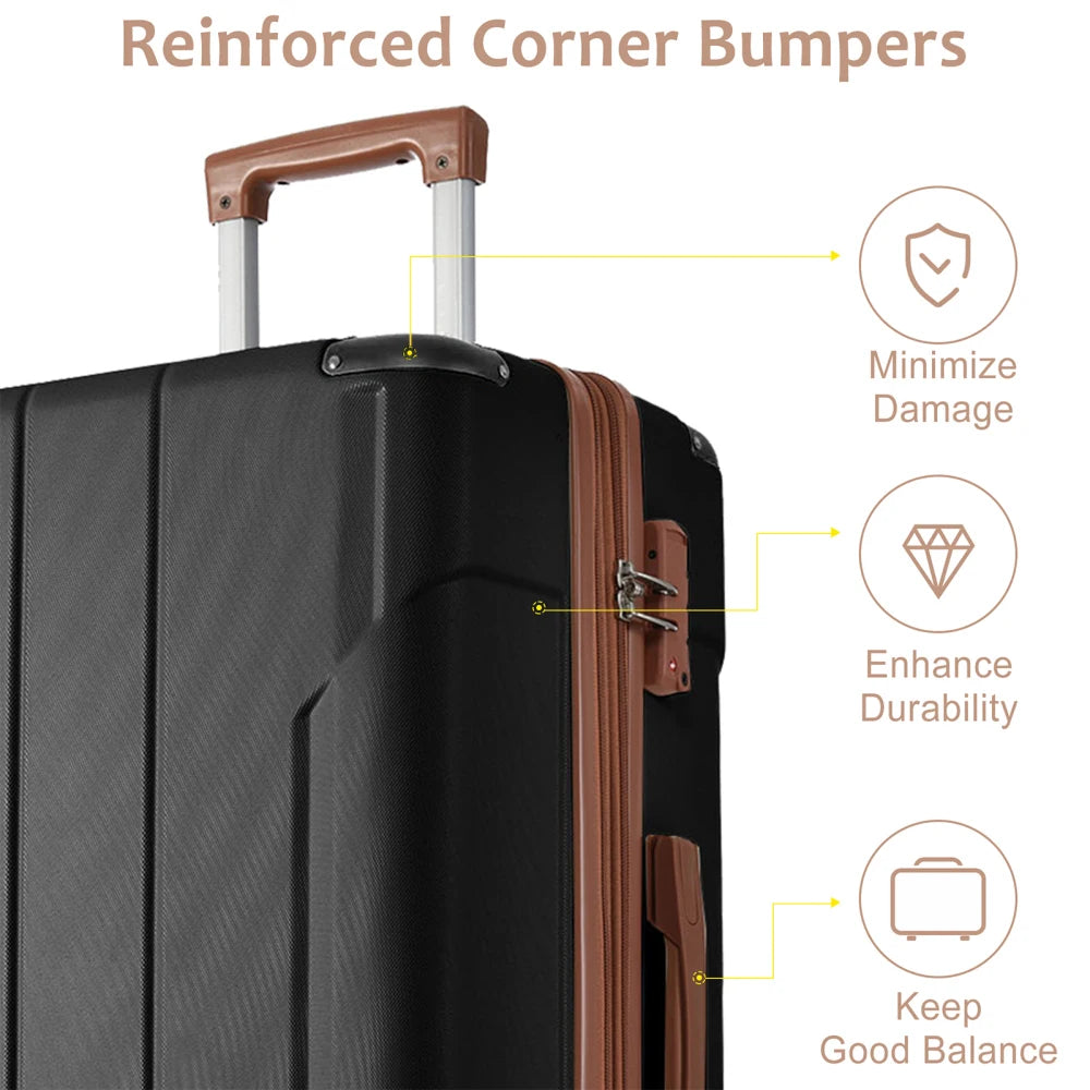 Luggage Sets 3 Piece Hard Shell ABS Lightweight Durable Suitcases with Double Spinner Wheels 20/24/28 Inch (Black Brown)