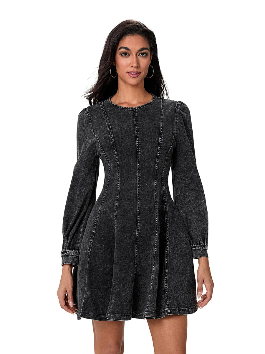 Elegant Women s Fall Denim Dress with Long Sleeves O Neck and Smocked Waist - Stylish A-line Mini Dress in Solid Color