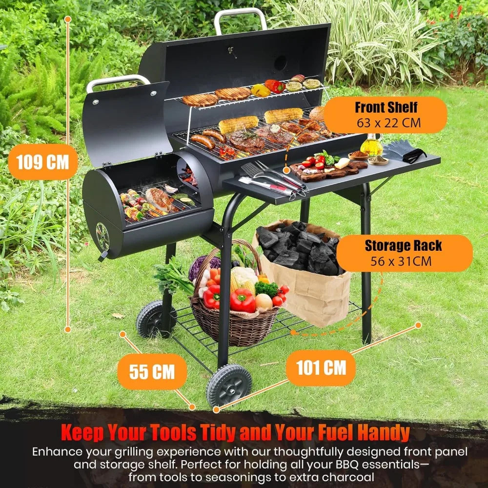 Charcoal BBQ Grill With Offset Smoker: Large Oil Drum Barbecue Barrel Grill For Outdoor Garden