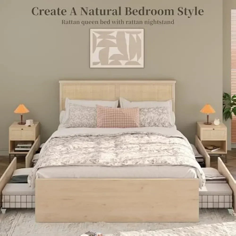 with Natural Rattan Headboard and Wooden 4 Storage Drawers,Metal Platform with Strong Wooden Slats Support,No Box Spring Needed