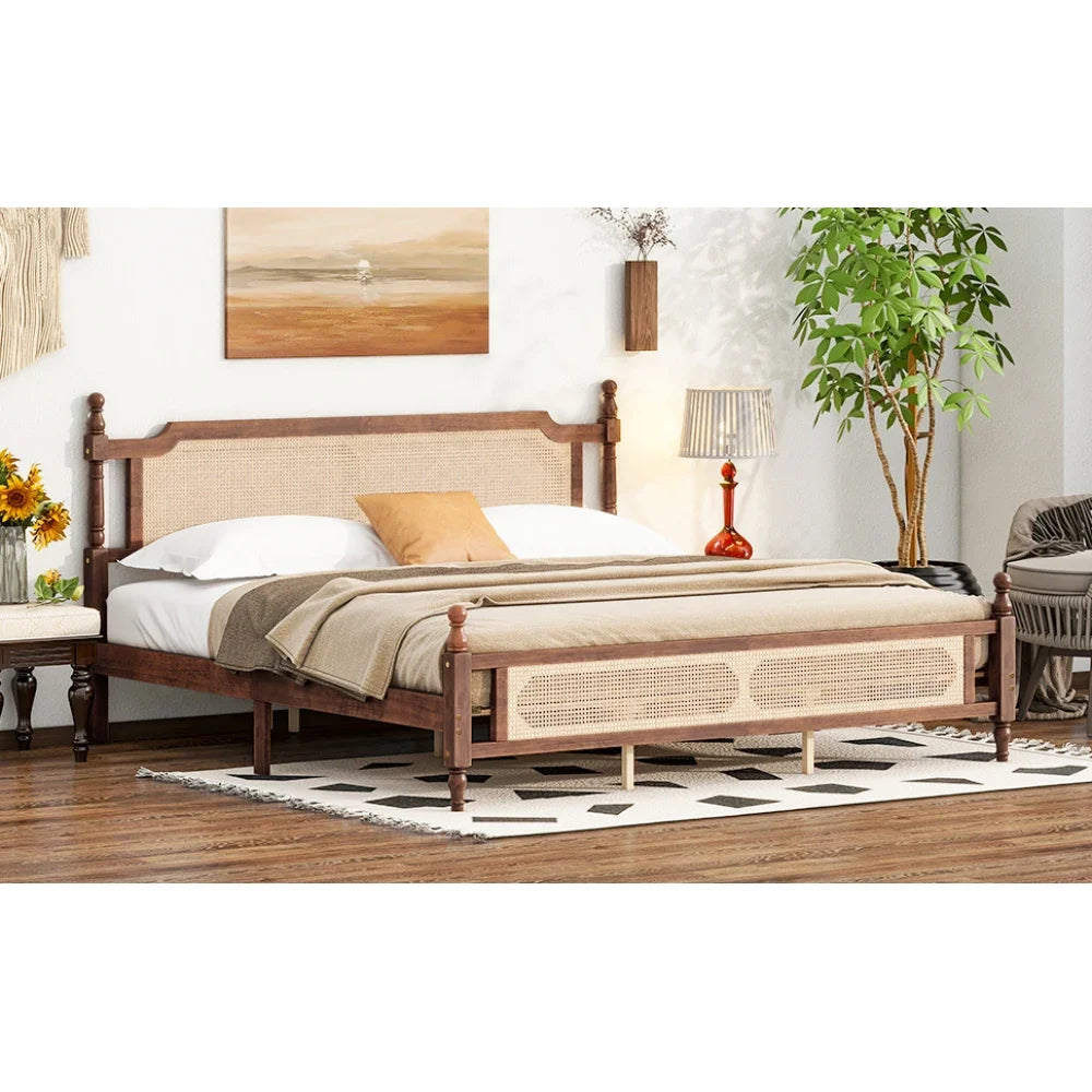 King Pine wooden Bed with Rattan Headboard  and Footboard, with  Central Enhanced Bed Platform,Walnut