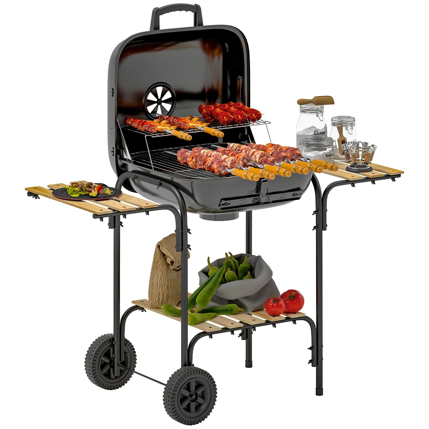Outsunny Charcoal Barbecue Grill Portable BBQ Grill with 1840 cm² Cooking Area, 3 Shelves, Adjustable Vent, Lockable Lid